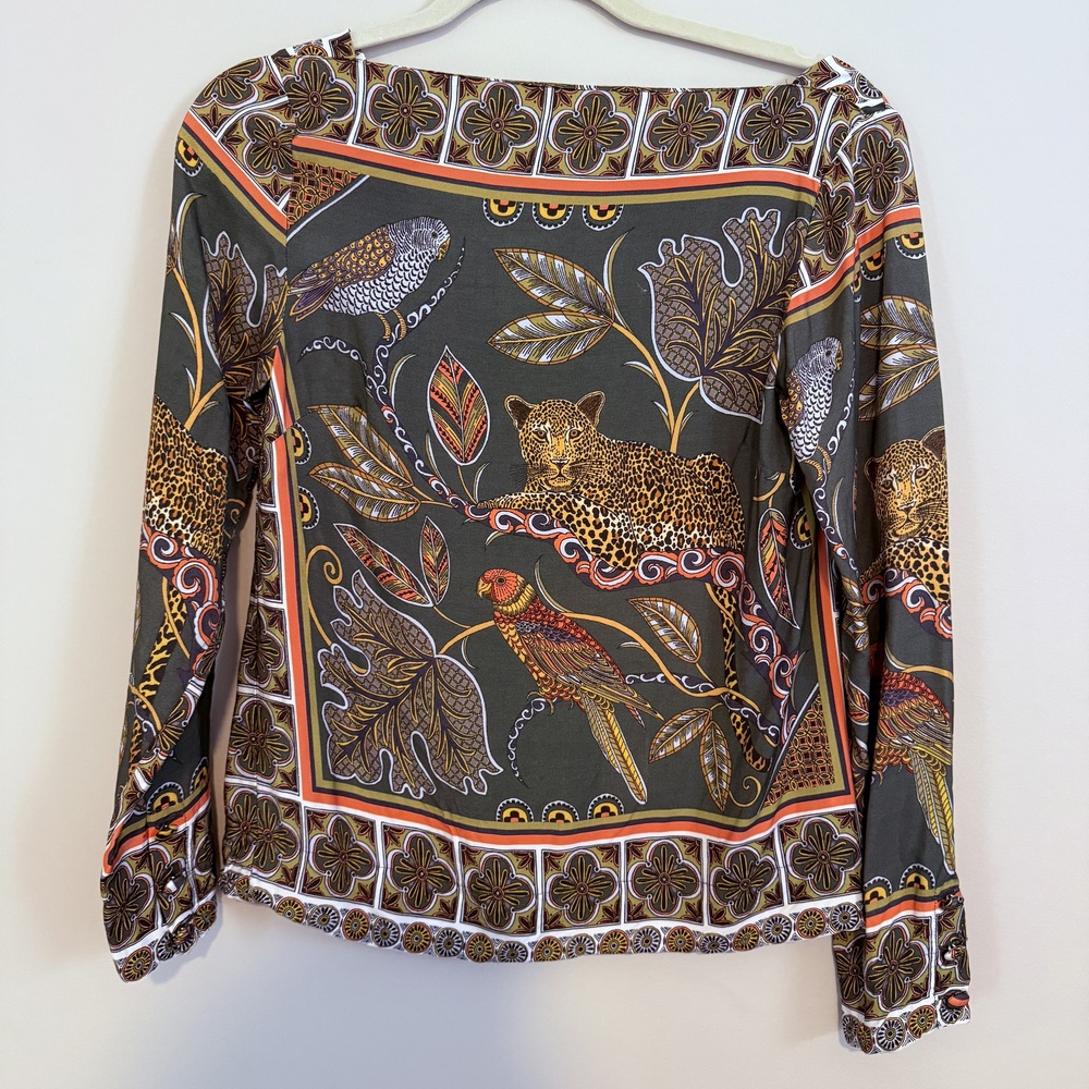 J.Crew Blouse XXS Multi-color Green Cheetah Tropical Print Boatneck Blouse